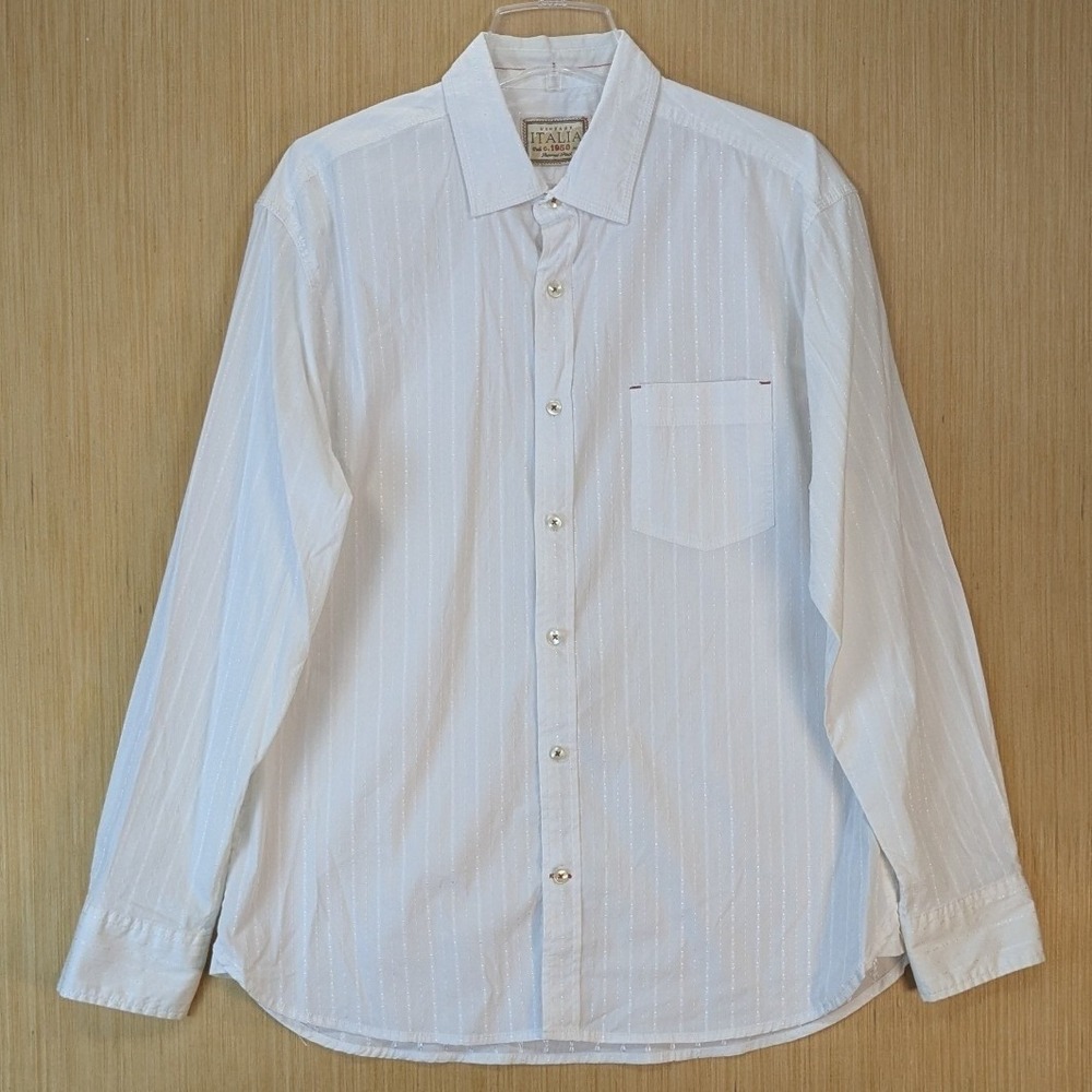 Vintage Italia c.1958 Mens XL White Dobby Stripe Button Down Shirt Long Sleeve